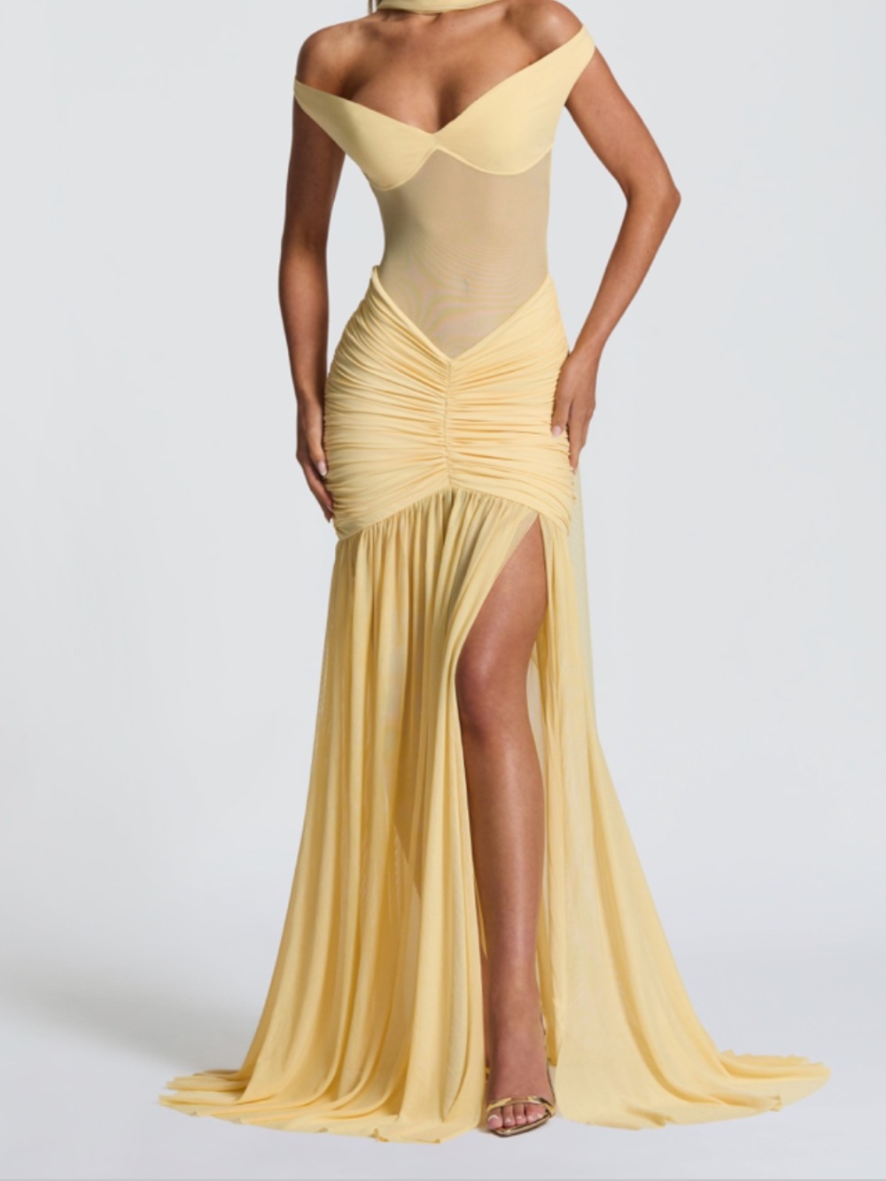 One-Shoulder Sheer Bodice Yellow Evening Gown